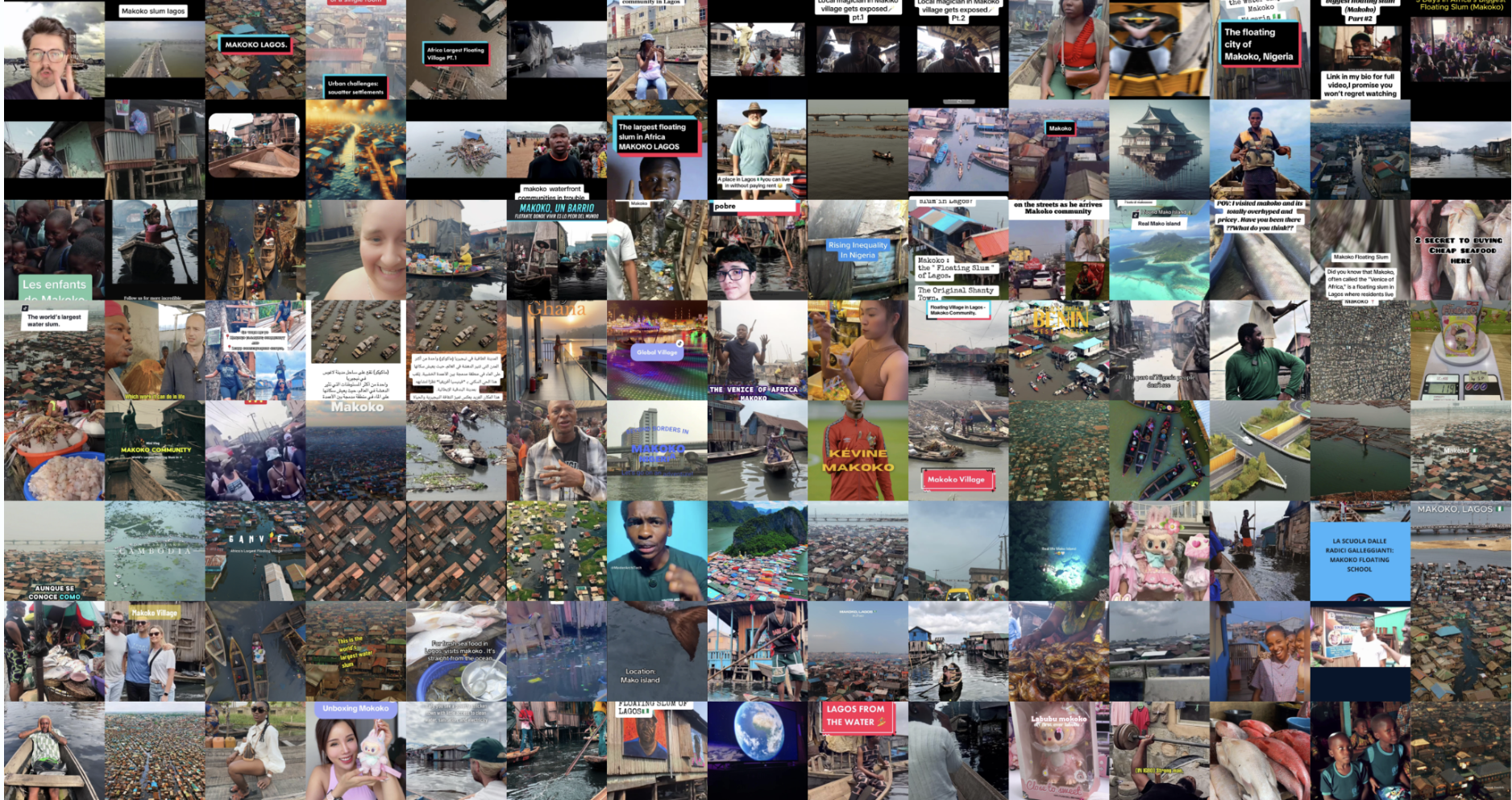 A big wall of screenshots from tiktok, showcasing the diversity of tiktok posts about water rising